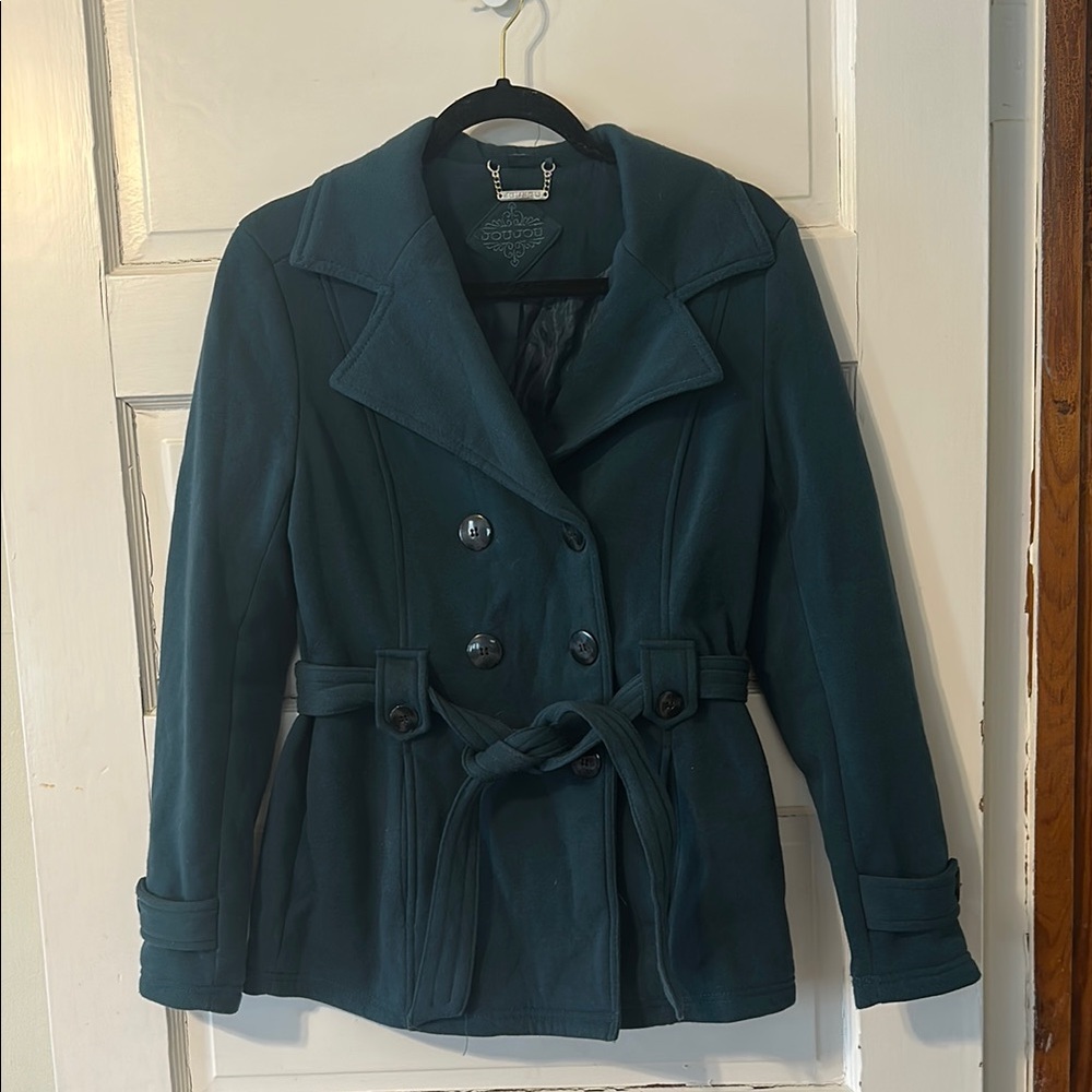 Jou Jou Green Pea Coat with Belt and Wide Lapel